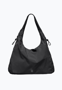 Schwarze Stoff-Schultertasche im Hobo-Stil mit einer gerafften Öffnung und verstellbaren Trägern. Glatte Textur, minimale Markenkennzeichnung.