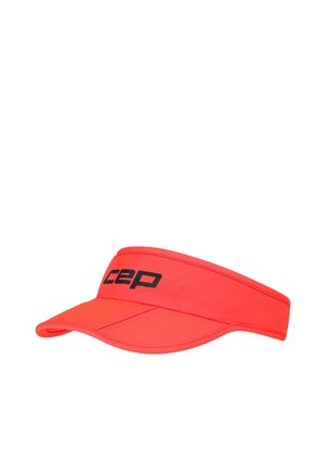 Bright red sports visor with black "cep" logo centered on the front band, curved brim, and structured stitching details.