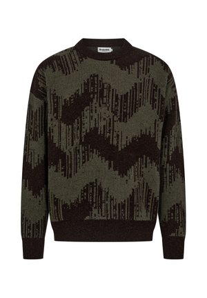 Strikket sweater i olivengrøn med mørkebrun bølgemønster. Har en rund hals og ribbede manchetter. Lavet af blødt, tekstureret stof.