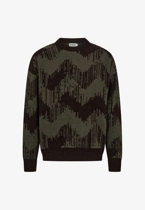 Strickpullover in Olivgrün mit dunkelorangen Wellenmuster. Verfügt über einen Rundhalsausschnitt und gerippte Bündchen. Gefertigt aus weichem, strukturiertem Stoff.