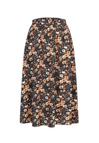 Fustă maxi florală cu un fundal negru, având flori portocalii, albe și albastre; talie elastică; material fluid și ușor.