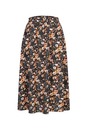 Florale Maxiröhre mit schwarzem Hintergrund, verziert mit orangefarbenen, weißen und blauen Blumen; elastischer Taillengummi; fließender, leichter Stoff.