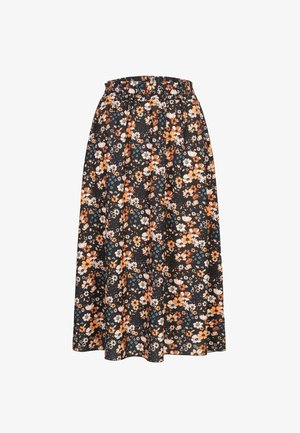 Floral maxi skirt with a black background, featuring orange, white, and blue flowers; elastic waistband; flowy, lightweight fabric.