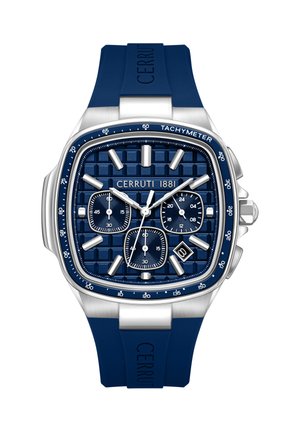 Čtvercové modré chronografové hodinky se stříbrnými značeními, třemi subciferníky, okénkem s datem, tachymetrickým rámem a modrým silikonovým páskem.