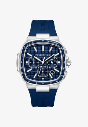 Firkantet blå kronografur med sølvmarkører, tre underskiver, datovindue, tachymeter-bezel og blå silikonerem.