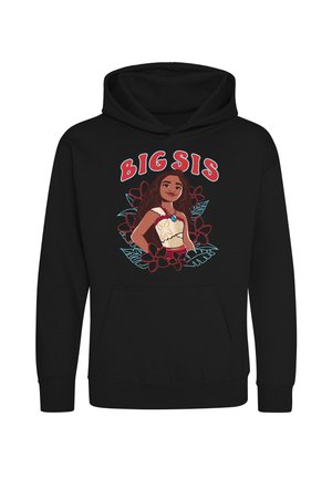 Sort hættetrøje med en tegnet pige i tropisk tøj omgivet af røde blomster og store blade, med teksten "BIG SIS" over hende.