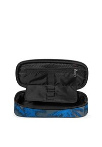 Custodia con zip, con un interno nero e un esterno a motivo palma blu. Presenta una tasca in rete e fasce elastiche per l'organizzazione.