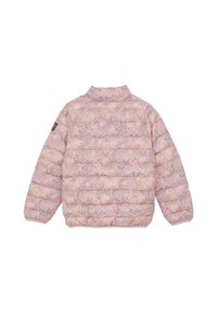 Rosa puffjacka med hög krage, prydd med ett flerfärgat blommönster och quiltad textur. Inkluderar logotyp på vänster ärm.