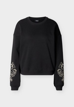 Sudadera negra de manga larga con cuello redondo, bordado floral blanco en ambas mangas y puños y dobladillo acanalados.