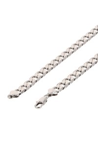 Sølv rustfrit stålkæde med sammenkædede led, udstyret med en lobsterlås i den ene ende og en glat, poleret overflade hele vejen igennem.