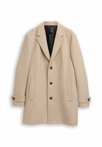 Abrigo de lana en mezcla beige con cuello muesca, tres botones, dos bolsillos frontales y puños enrollados. Interior forrado en negro.