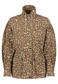 Leopard print jacket in tan and brown shades, with a high collar, drawstring waist, two front pockets, and snap button closure.