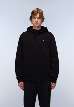 Black hoodie with a drawstring and a small embroidered flag logo on the chest. Features a relaxed fit and ribbed cuffs and hem.