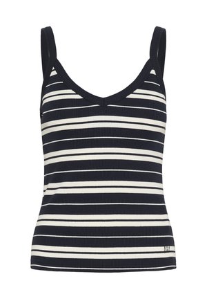 Navy és krémcsíkos pántos felső V-nyakkivágással, bordás textúrával és testhez simuló sziluettel. Vékony pántok és kis logó a szegélyén.