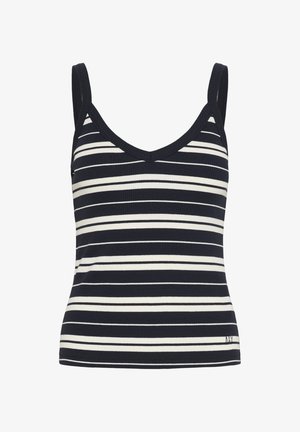 Navy és krémcsíkos pántos felső V-nyakkivágással, bordás textúrával és testhez simuló sziluettel. Vékony pántok és kis logó a szegélyén.