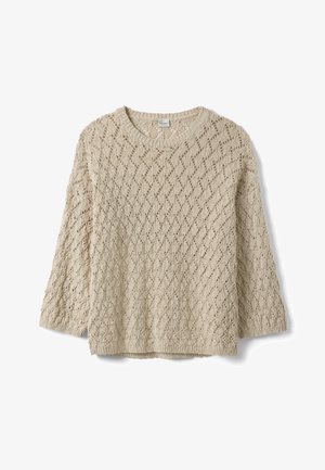 Beige knitted long-sleeve sweater with openwork zigzag pattern and ribbed crew neckline and hem, laid flat on white background.