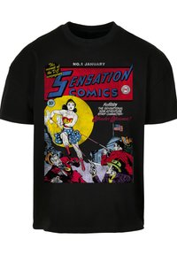 Black t-shirt featuring a comic book graphic of a female character in a blue skirt and red boots, surrounded by villains and buildings.