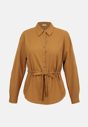 Blouse moutarde à manches longues avec boutons sur le devant, col avec collet et ceinture ajustable à la taille.