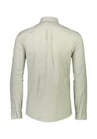 Camisa de manga larga a rayas verdes y blancas con cuello clásico, puños de botón y dobladillo curvado. Fabricada con tejido ligero.
