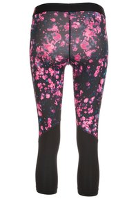 Leggings neri con un motivo floreale colorato e un'alta vita, caratterizzati da schizzi rosa e blu, pannelli in rete e un design aderente.
