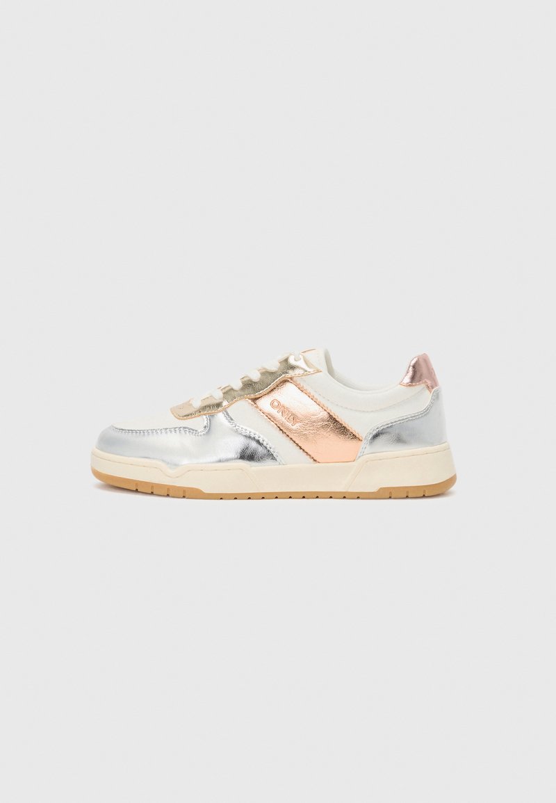 Metallic silver and rose gold sneakers with a white leather upper and beige rubber sole. Features a stitched design and lace closure.