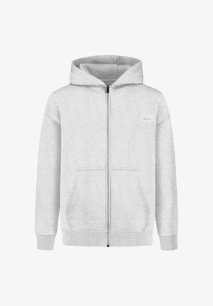 Grijze ritshoodie van zachte stof, met een voorrits, twee zijzakken en ribgebreide manchetten en zoom. Klein logo-etiket op de borst.