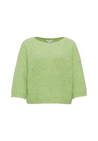 Pull en maille vert clair à coupe ample, large encolure bateau et manches 3/4. Présente un motif texturé sur l'ensemble.