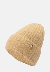 Beige knit hat made from wool, featuring a ribbed texture and a folded cuff. Gold logo accent on the front.
