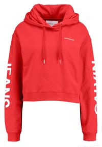 Felpa rossa corta con cappuccio realizzata in tessuto misto cotone. Presenta una tasca frontale, cappuccio con coulisse e testo del logo bianco su entrambe le maniche.