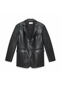 Blazer in pelle nera con rever a incavo, due tasche frontali e due bottoni. Tessuto liscio e design strutturato. Fodera interna visibile.
