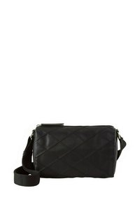 Sac bandoulière en cuir matelassé noir avec fermeture éclair, forme rectangulaire, sangle ajustable et détail de surpiqûres discrètes.