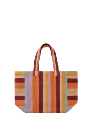 Sac cabas avec des rayures verticales et horizontales en orange, marron, violet, rose, jaune et bleu, avec deux petites poignées.