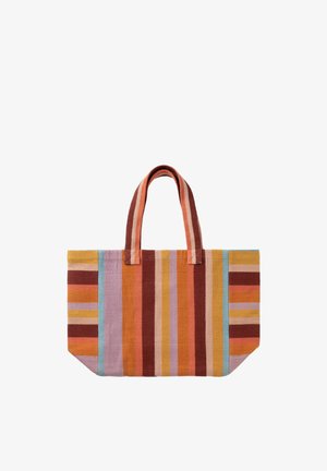 Sac cabas avec des rayures verticales et horizontales en orange, marron, violet, rose, jaune et bleu, avec deux petites poignées.