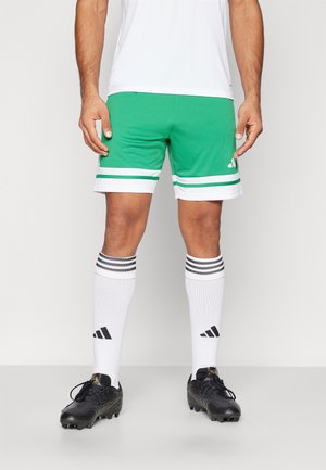 Grüne Sportshorts mit weißen Akzenten und zwei horizontalen Streifen. Kombiniert mit weißen Socken mit schwarzen Streifen und schwarzen Fußballschuhen.