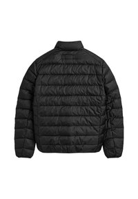 Sort pufferjakke med quiltet design, med stående krave, lange ærmer og en glat, skinnende tekstur. Ingen synlige lukninger.