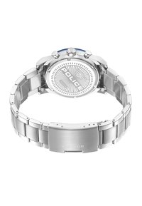 Orologio da polso in acciaio inox con cinturino argentato lucido, accenti blu e un quadrante bianco con motivo che presenta il logo "Police".