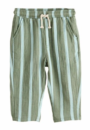 Gestreifte grüne und hellblaue Hose aus weichem Stoff, mit einem Tunnelzugbund, Seitentaschen und einem lockeren Sitz an den Knöcheln.