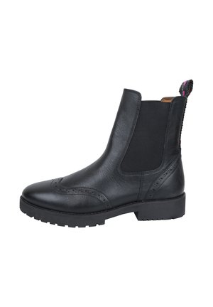 Zwarte leren Chelsea boots met elastische zijpanelen, brogue-details, rubberen zool en een trekband aan de achterkant met kleurrijke stiksels.