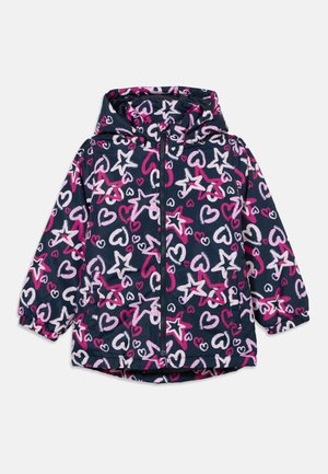 Veste à capuche pour enfants bleu marine avec motifs d'étoiles et de cœurs roses et blancs et fermeture éclair à l'avant.