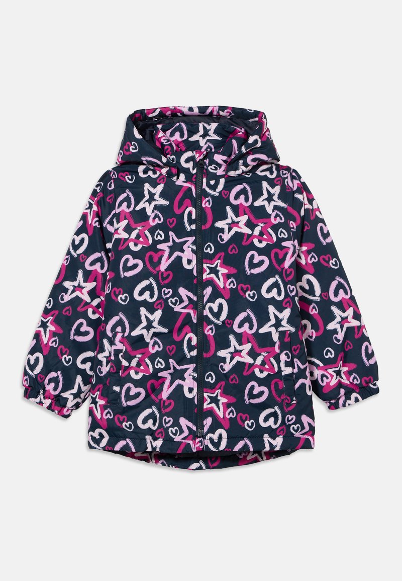 Veste à capuche pour enfants bleu marine avec motifs d'étoiles et de cœurs roses et blancs et fermeture éclair à l'avant.