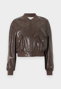 Brown leather bomber jacket with a shiny finish, ribbed cuffs and hem, and two flap pockets with snap buttons on the front.