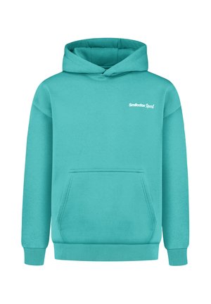 Türkise Kapuzenjacke mit Kängurutasche, weißem Logo auf der Brust, gerippten Bündchen und Saum. Hergestellt aus weichem, strukturiertem Stoff.