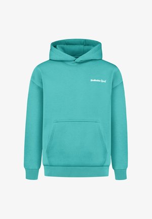 Türkise Kapuzenjacke mit Kängurutasche, weißem Logo auf der Brust, gerippten Bündchen und Saum. Hergestellt aus weichem, strukturiertem Stoff.