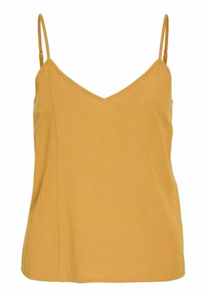 Sinappikeltainen hihaton camisole-toppi ohuilla säädettävillä olkaimilla ja v-pääntiellä, esitetty valkoisella taustalla.