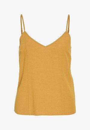 Sennepsgul ermeløs camisole-topp med tynne justerbare skulderstropper og V-utringning, vist mot hvit bakgrunn.