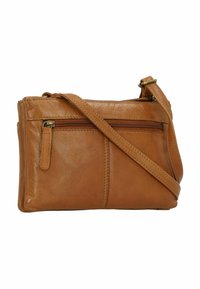 Borsa a tracolla in pelle marrone chiaro con superficie testurizzata, tasca esterna con zip e tracolla regolabile. Forma rettangolare con cuciture visibili.