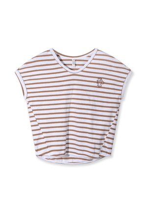 T-shirt a maniche corte a righe bianca e marrone chiaro. Design con scollo a V e tessuto morbido. Presenta un piccolo logo sul davanti a sinistra.