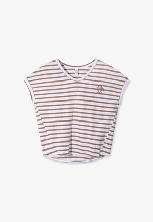 T-shirt a maniche corte a righe bianca e marrone chiaro. Design con scollo a V e tessuto morbido. Presenta un piccolo logo sul davanti a sinistra.
