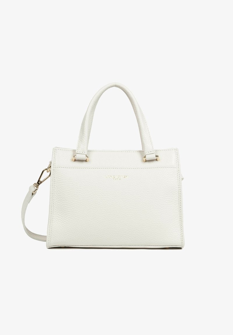 Sac à main en cuir blanc texturé avec deux poignées supérieures et une bandoulière amovible, sur fond blanc.