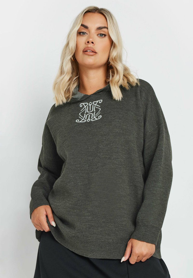 Grön stickad tröja med huva, med en dekorativ broderad logotyp. Lätt lös passform med långa ärmar och ribbade muddar. Mjuk textur.